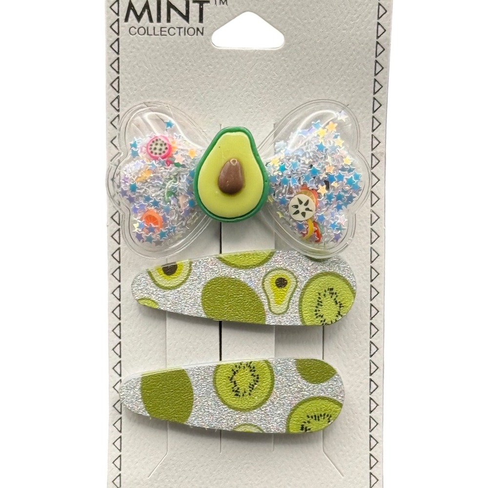 Mint Collection Kids 3PC Avocado Kiwi Fruit Hair Clip Set Shaker Bow Snap Clips